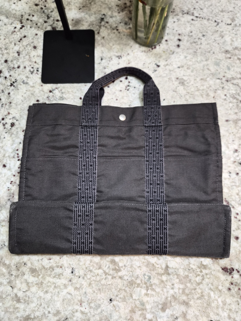 Authentic Hermès Her Line Tote GM Extra Large Travel Bag Grey Canvas Weekender - Picture 6 of 16